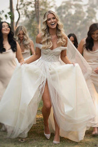 A-Line Off-the-Shoulder Sweep Train Tulle Long Beaded Slit White Lace Up Wedding Dress OHD234