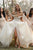 A-Line Off-the-Shoulder Sweep Train Tulle Long Beaded Slit White Lace Up Wedding Dress OHD234