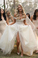 A-Line Off-the-Shoulder Sweep Train Tulle Long Beaded Slit White Lace Up Wedding Dress OHD234