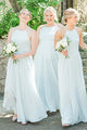Popular A Line Round Neck Long Chiffon Light Blue Bridesmaid Dress with Ruched OHS149