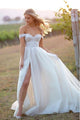 A-Line Off-the-Shoulder Sweep Train Tulle Long Beaded Slit White Lace Up Wedding Dress OHD234