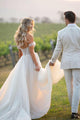 A-Line Off-the-Shoulder Sweep Train Tulle Long Beaded Slit White Lace Up Wedding Dress OHD234