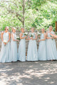 Popular A Line Round Neck Long Chiffon Light Blue Bridesmaid Dress with Ruched OHS149
