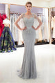 Silver Rhinestone Mermaid Scoop Neck Sweep Train Long Tulle Prom Dresses Evening Dresses OHC526