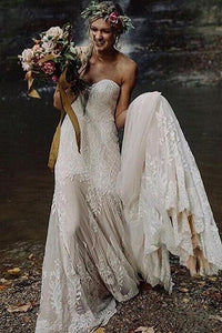 Romantic Wedding Dresses Sweetheart Sheath Column Long Train Chic Bridal Gown OHD213