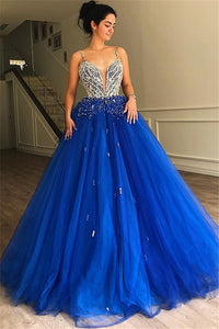 Royal Blue Spaghetti Straps Sleeveless Tulle Beaded Evening Dresses EG4163