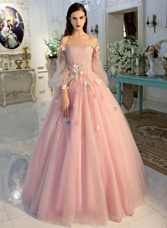 Pink Flowers Puffy Sleeves Tulle Ball Gown Long Prom Dress FP7851 cathyprom Pink Flowers Puffy Sleeves Tulle Ball Gown Long Prom Dress FP7851 cathyprom