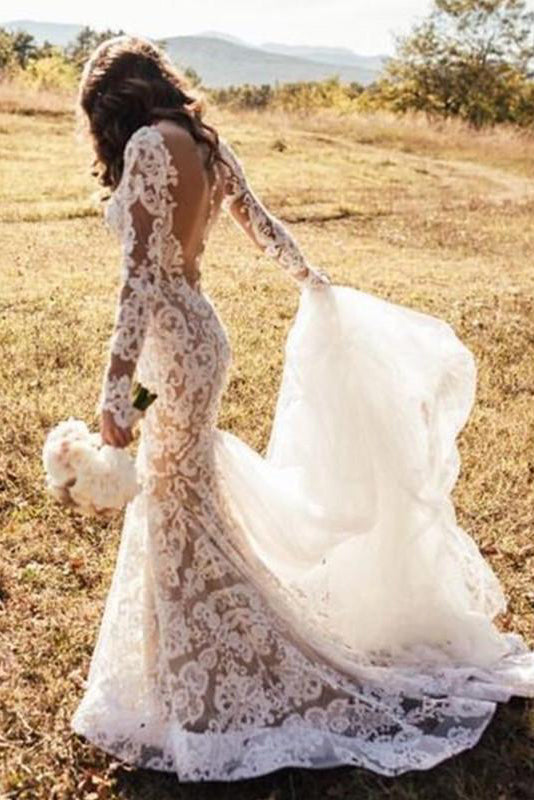 fitted lace wedding dress Long Sleeve Open Back Mermaid Wedding Dress EU36 / Off-White fitted lace wedding dress Long Sleeve Open Back Mermaid Wedding Dress EU36 / Off-White