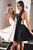 V Neck White/Black Satin Short Homecoming Dresses Backless OHM030 | Cathyprom