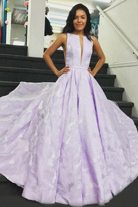 A-Line Round Neck Floor-Length Lilac Printed Prom Dress with Pleats LPD83 | Cathyprom