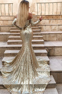 Mermaid Off-the-Shoulder Long Split Prom Dress Gold Sequined Evening Dress with Sleeves LPD77 | Cathyprom