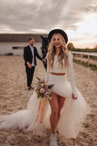 Mermaid Two Piece Tulle White Long Sleeves Wedding Dress Sweep Train Slit Beach Bridal Gown OHD235