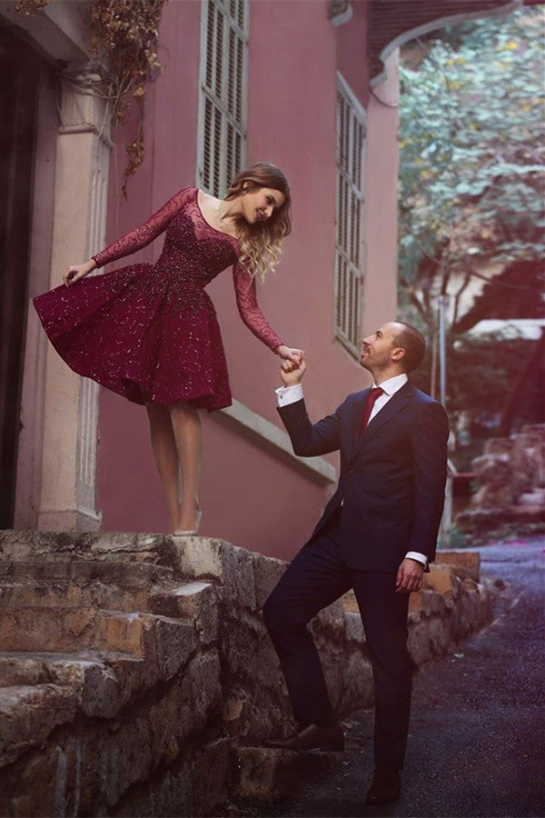 A-Line Bateau Long Sleeves knee-Length Grape Lace Short Prom Dress/Hom cathyprom A-Line Bateau Long Sleeves knee-Length Grape Lace Short Prom Dress/Hom cathyprom