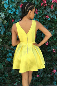 V-neck Satin Cutout Yellow Pleat Simple Homecoming Dress OHM210