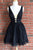 A-Line Deep V-Neck Short Black Lace Homecoming Cocktail Dress with Beading OHM009 | Cathyprom