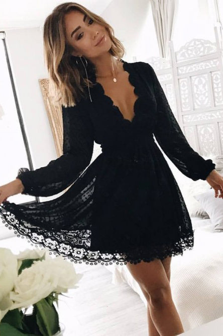 Elegant Fit & Flare Black Lace Short Homecoming Dress with Long Sleeve cathyprom Elegant Fit & Flare Black Lace Short Homecoming Dress with Long Sleeve cathyprom