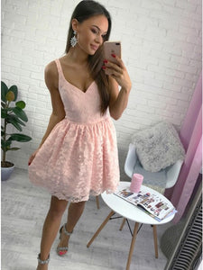 Stunning V-neck A-line Lace Pink Short Homecoming Dress with Zipper Party Dress OHM187