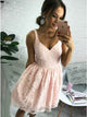 Stunning V-neck A-line Lace Pink Short Homecoming Dress with Zipper Party Dress OHM187