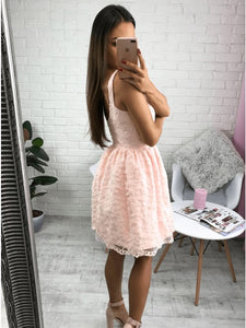 Stunning V-neck A-line Lace Pink Short Homecoming Dress with Zipper Party Dress OHM187