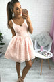 Stunning V-neck A-line Lace Pink Short Homecoming Dress with Zipper Party Dress OHM187