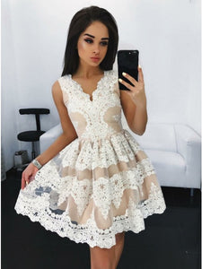 A line Lace Appliqued Grey Pleat Short Homecoming Dress with Scalloped Neck OHM186
