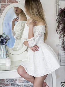 A-Line Off-the-Shoulder 3/4 Sleeves White Lace Homecoming Dress OHM189