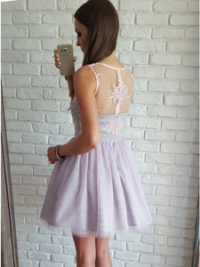 A line Tulle Scalloped Lace Bodice Lavender Short Homecoming Dress Party Dress OHM185