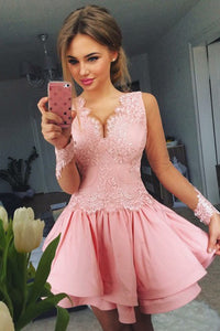 A-line V-neck Lace Bodice Blush Pink Layered Homecoming Dress with Long Sleeves OHM212