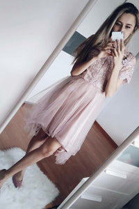 Beautiful Light Purple Embroidered Bodice Short Graduation Dress with Short Sleeves Homecoming Dresses OHM181