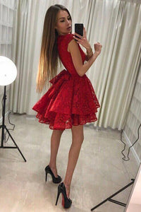 A-Line Jewel Lace Red Pleat Homecoming Dress with Tiered Skirt OHM036 | Cathyprom
