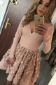 A-line Nude Color Pleated Long Sleeve Short Party Dress with Handmade Flowers OHM202