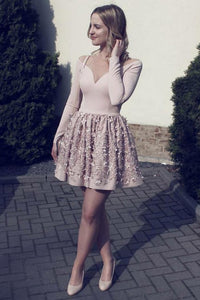 A-line Nude Color Pleated Long Sleeve Short Party Dress with Handmade Flowers OHM202