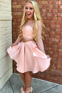 Two Piece Blush Pink Lace Bodice Long Sleeve Homecoming Dress with Pleated Skirt OHM204