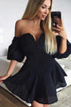 Off the Shoulder Black Low V-neck Lace Party Dress Homecoming Dress with Balloon Sleeves OHM205