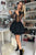 Black Long Sleeve Appliques Bodice Satin Short Party Dress with Tiered Skirt OHM206