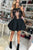 Black Long Sleeve Appliques Bodice Satin Short Party Dress with Tiered Skirt OHM206