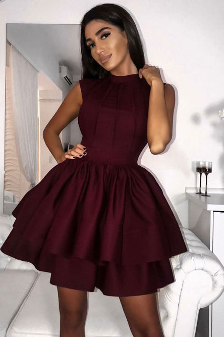 Stunning Burgundy High Neck Satin Tiered Short Homecoming Dress with P cathyprom Stunning Burgundy High Neck Satin Tiered Short Homecoming Dress with P cathyprom