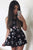 Chic A-line Scoop Floral Print Black Taffeta Pleats Homecoming Dress Short Party Dress OHM200