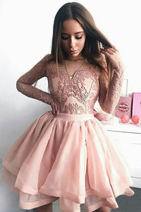 Illusion Jewel Lace Applique Pink Long Sleeve Homecoming Dress with Tiered Skirt OHM199