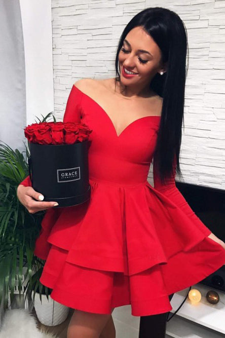 Off the Shoulder V-neck Tiered Red Satin Homecoming Dress Long Sleeves cathyprom Off the Shoulder V-neck Tiered Red Satin Homecoming Dress Long Sleeves cathyprom