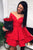 Off the Shoulder V-neck Tiered Red Satin Homecoming Dress Long Sleeves OHM060 | Cathyprom