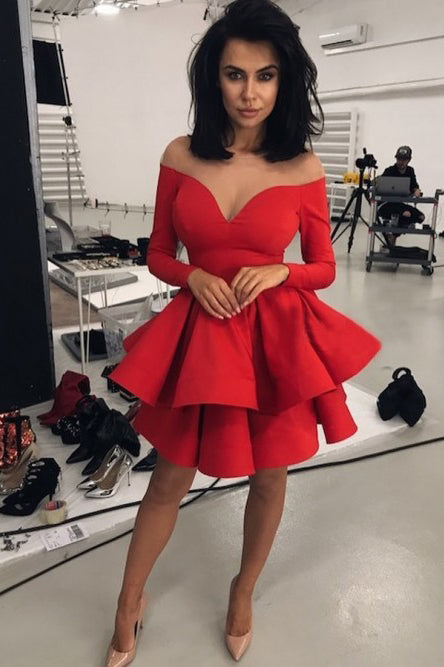 Off the Shoulder V-neck Tiered Red Satin Homecoming Dress Long Sleeves cathyprom Off the Shoulder V-neck Tiered Red Satin Homecoming Dress Long Sleeves cathyprom