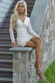V-neck Lace Tight White Short Party Dress with Long Sleeves Homecoming Dresses OHM192