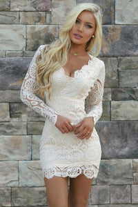 V-neck Lace Tight White Short Party Dress with Long Sleeves Homecoming Dresses OHM192