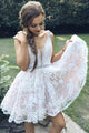 White Lace Low V-neck Pleat Homecoming Dress with Beading Sash OHM191