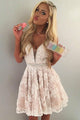 White Lace Low V-neck Pleat Homecoming Dress with Beading Sash OHM191