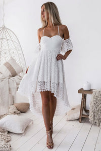White Cold Shoulder White Pleated Hollow Out Lace High Low Party Dress Homecoming Dress OHM215