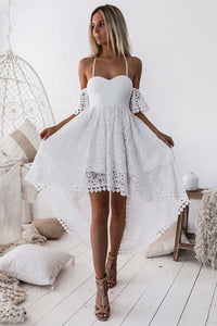 White Cold Shoulder White Pleated Hollow Out Lace High Low Party Dress Homecoming Dress OHM215