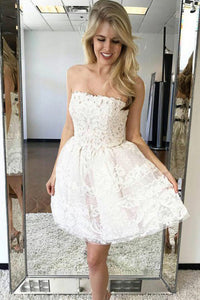 Ivory Strapless A-line Lace Tulle Short Party Dress Chic Homecoming Dresses OHM217