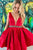 A-line Deep V-neck Satin Burgundy Pleated Homecoming Dress with Beading Sash OHM218